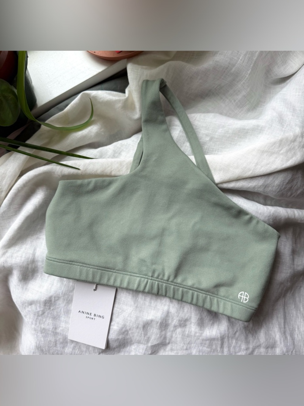 NWT ANINE BING Sage green Jules athletic knit logo one shoulder sports bra tank